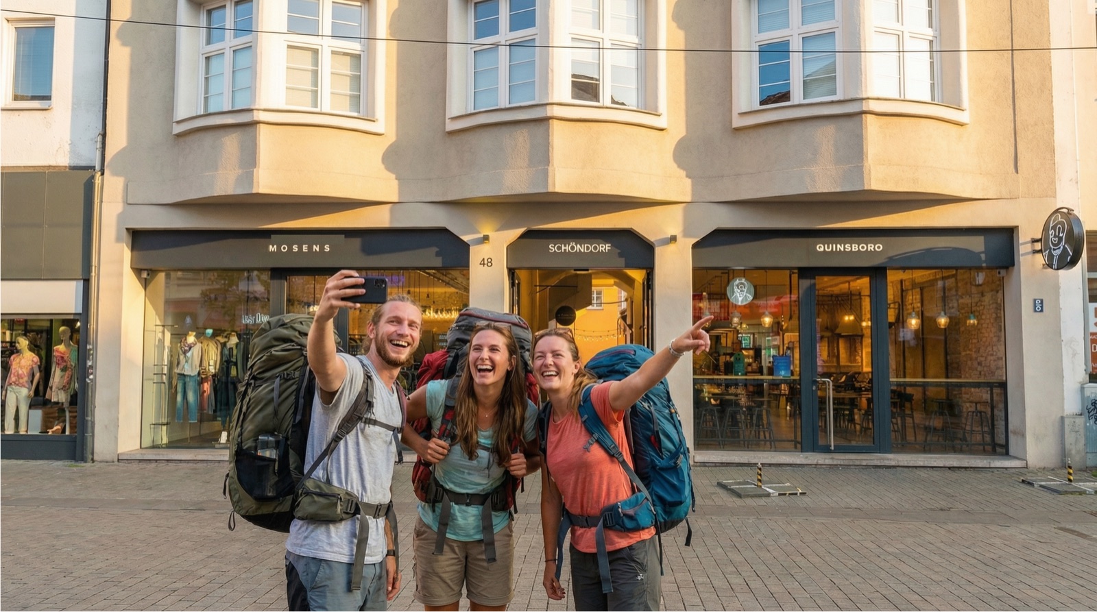 Backpackers in front of Schöndorf Hostel on Obchodná street